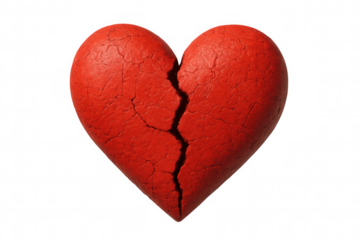 Red broken heart symbolizing lost love, heartbreak, and emotional pain, isolated on transparent background