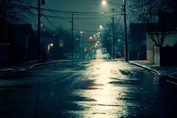 A wet, dark street at night, with blurred houses and lamp posts
