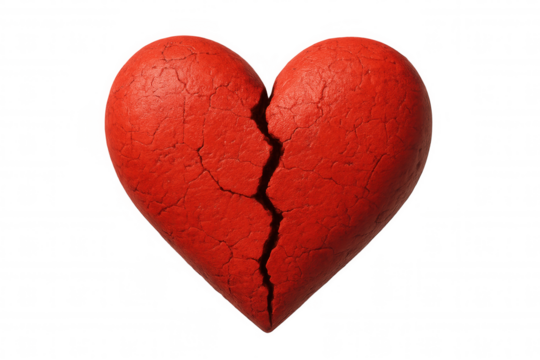 Red broken heart symbolizing lost love, heartbreak, and emotional pain, isolated on transparent background