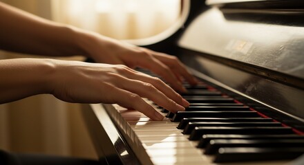Obraz premium Close up hands gracefully playing piano keys bathed in soft warm light. AI Generated