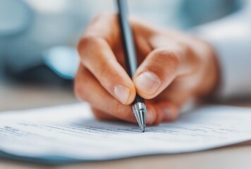 Close-up of a person's hand writing with a pen on a notepad in a professional setting
