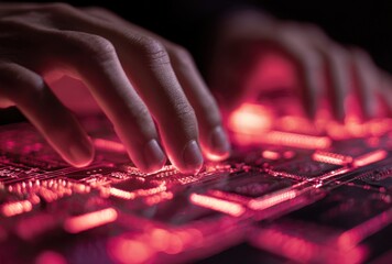 Close-up of a person's hand typing on a glowing backlit keyboard in a dark environment