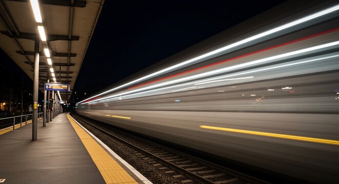 Rapid transit train streaks brightly past deserted platform at night. AI Generated - Powered by Adobe
