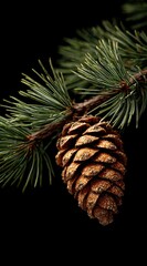Close-up of a pine cone hanging from a branch with green pine needles against a black background
