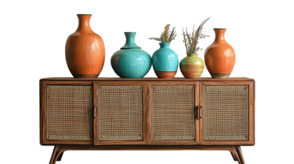 Stylish wooden chair next to a sideboard in a modern living room