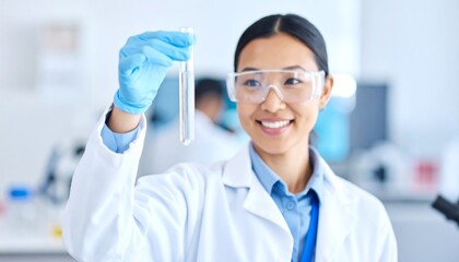 A scientist examines a test tube in a lab