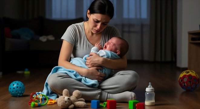A distraught mother sits on the floor, holding and comforting her crying baby. Toys and a baby bottle are scattered nearby, suggesting late-night exhaustion and parental stress.