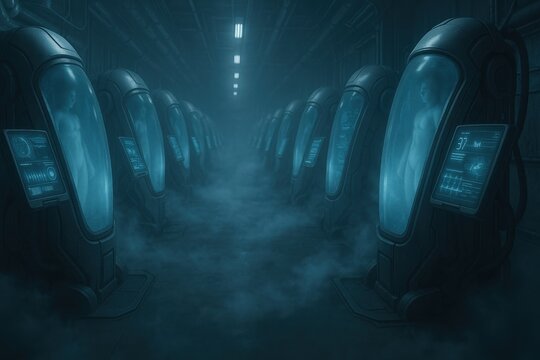 A chilling corridor of cryosleep chambers holding humans in suspended animation showcases future