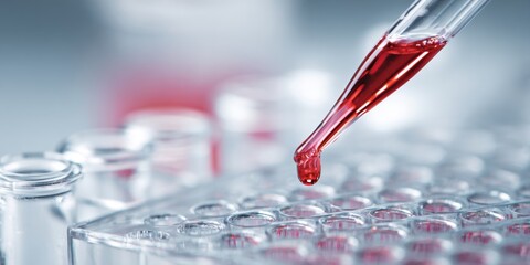 Close-up of a pipette dispensing liquid into a microplate in a laboratory setting