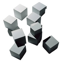Abstract arrangement of sleek metallic gray cubes and cuboid shapes on a white background. Light and shadow interplay emphasizes modern minimalist design and geometric forms