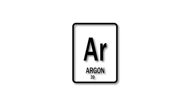 argon as Element 18 of the Periodic Table.  Design shows name, atomic weight and element number. black background 4k animation.