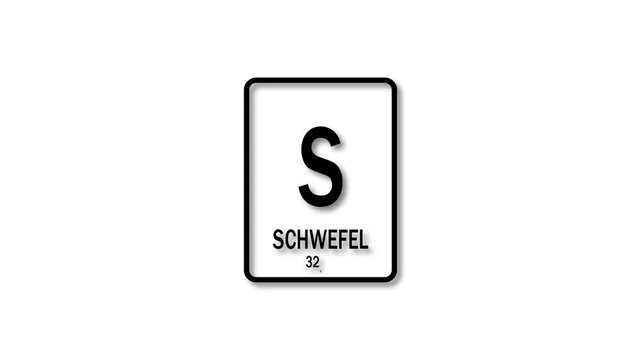 Schoeffel  as Element 16 of the Periodic Table.  Design shows name, atomic weight and element number. black background 4k animation.