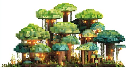 Pixelated trees form a forest canopy with glowing lanterns hanging beneath