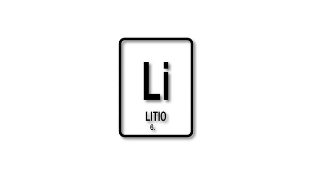 litio  as Element 3 of the Periodic Table.  Design shows name, atomic weight and element number. black background 4k animation.