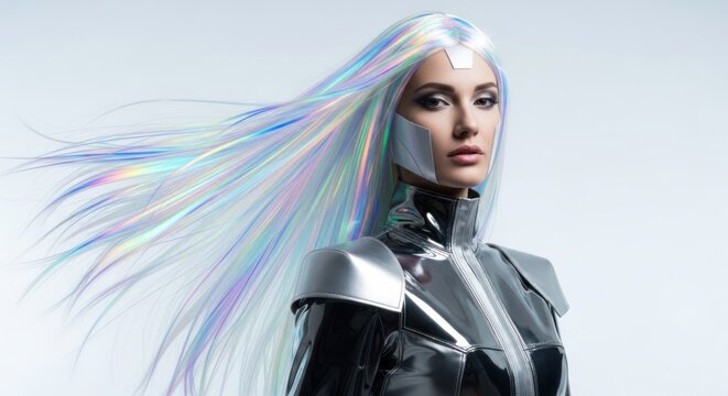 Futuristic woman with iridescent hair and metallic armor fashion concept for science fiction or fantasy projects and designs with a modern and innovative aesthetic look 198 characters