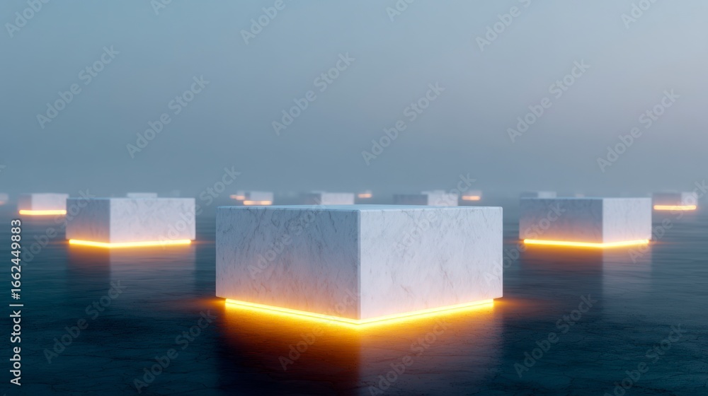 Poster illuminated marble blocks arranged on a dark textured surface with a hazy background