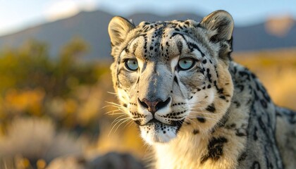 Close-up of snow leopard, striking blue eyes