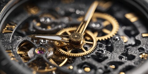 Close-up of intricate mechanical watch movement with gears and hands showing time