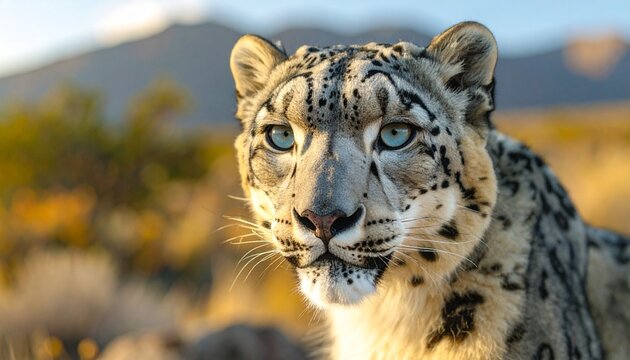 Close-up of snow leopard, striking blue eyes