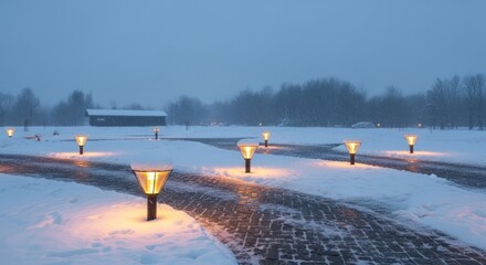 Snowy path illuminated by glowing lamps in winter landscape scene with snow covered ground and trees providing a serene and peaceful outdoor atmosphere