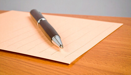 Pen and Paper on Wooden Table: Close-up of a sleek pen resting on an open envelope, evoking professionalism and preparedness, situated upon a rich, wooden table