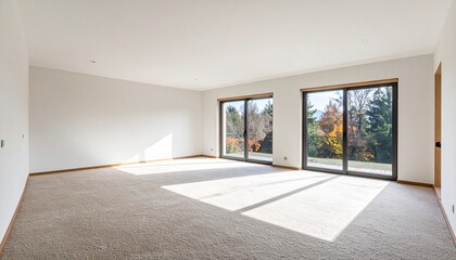 Fototapeta premium Empty room with large windows overlooking autumn trees