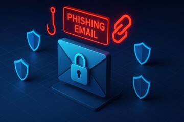 Phishing email concept with envelope, lock, shield and hook cybersecurity illustration