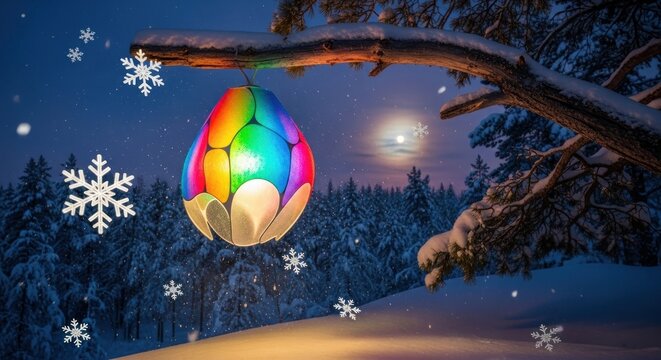 Colorful christmas lantern hanging from a snowy branch in winter wonderland with snowflakes falling under the moonlight creating a magical holiday scene