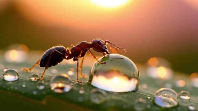 A close-up video of an ant drinking from a water droplet on a blade of grass, bathed in the warm light of the sunset with a beautiful bokeh effect in the background.