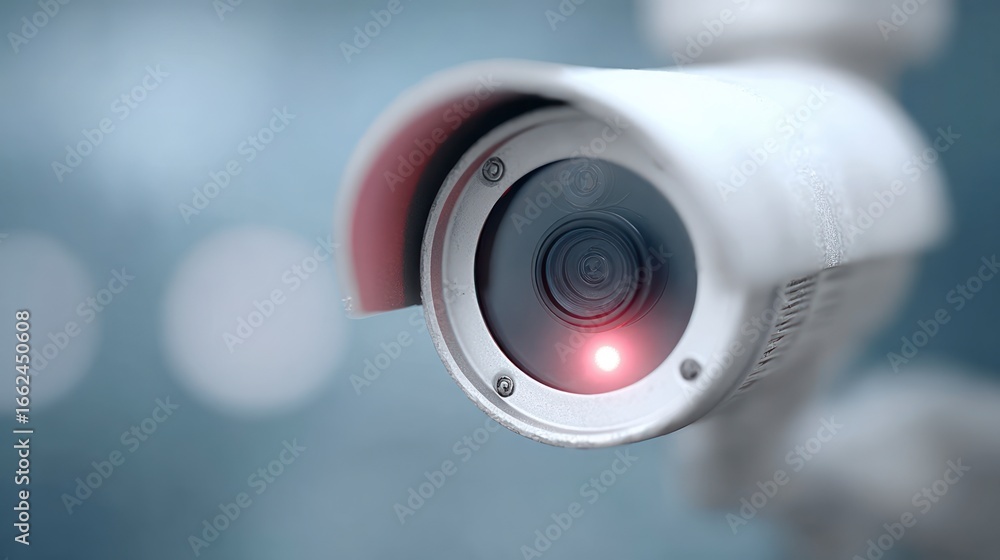 Poster close up of a white security camera with a red indicator light and bokeh background