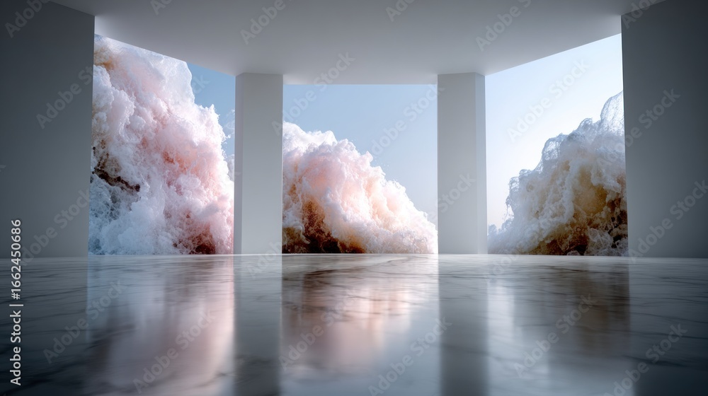 Poster interior view of a modern space with large windows displaying dynamic ocean waves crashing