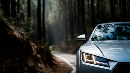 Silver car on a winding road through a dense forest with sunlight filtering through trees