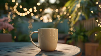 mockup of a coffee mug on a modern garden table under string lights in the soft glow of early morning