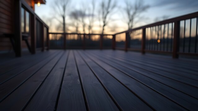 Peaceful wooden deck at twilight, warm lighting enhancing the serene evening outdoor atmosphere.