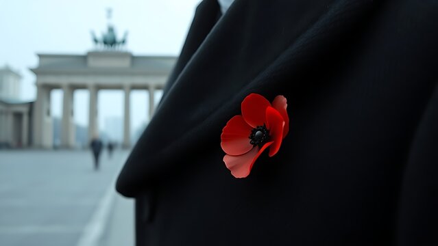 Red poppy flower on dark wool coat lapel, Brandenburg Gate silhouette in misty distance, solemn yet hopeful.