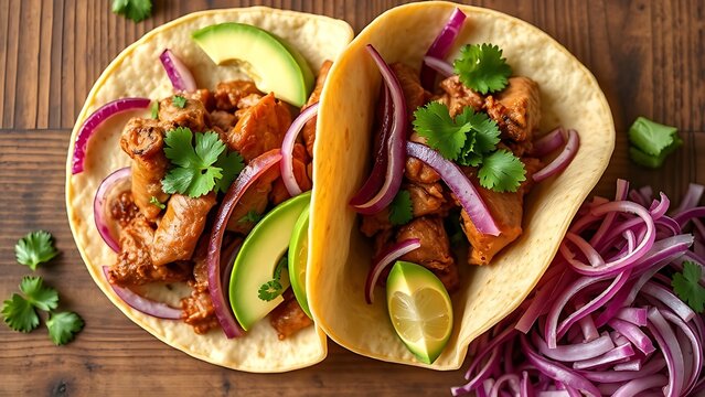 An overhead view of Mexican street tacos with pork, avocado, and fresh toppings on a rustic surface.
