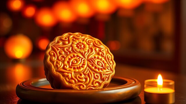 Golden mooncake with intricate floral patterns on a lacquered tray, glowing under warm candlelight for Mid-Autumn.