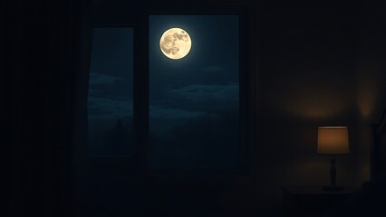 Moonlit bedroom window casting a soft glow on an empty bedside table with faint illumination.
