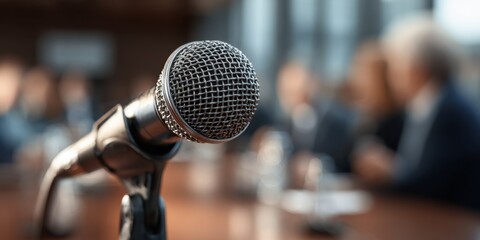 Close-up of a professional microphone with a blurred audience background at a live event