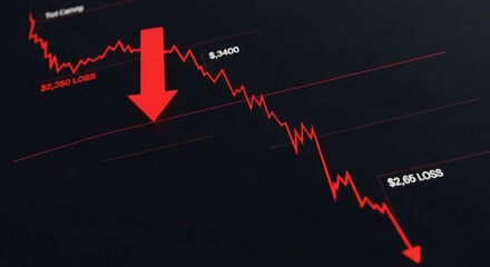 Stock market crash with red arrow showing financial loss and economic recession indicating a bear market and investment decline with falling prices and negative growth