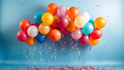 A vibrant celebration setup with floating balloons and confetti, evoking joy and festivity.