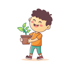 happy little boy lifting houseplant