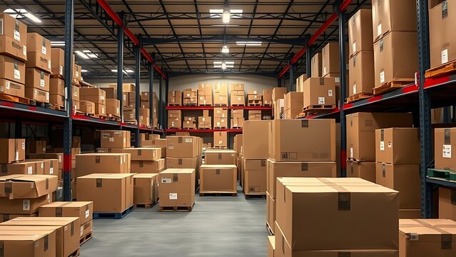 A warehouse with neatly arranged sealed cardboard boxes under soft overhead lighting.