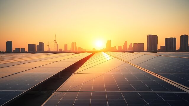 Modern solar panels reflecting golden sunlight with a city skyline softly in the background.