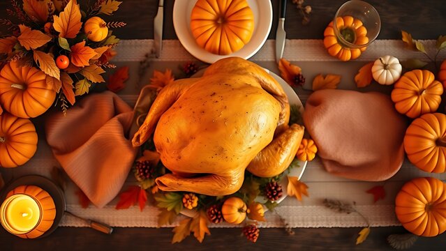 Festive autumn dining table featuring roasted turkey and pumpkin decor, illuminated by warm candlelight.