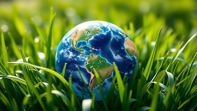 Globe surrounded by fresh grass blades symbolizing environmental concepts in natural lighting.