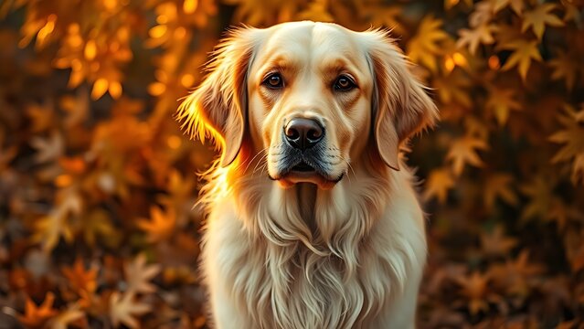 Golden retriever portrait surrounded by autumn leaves, bathed in warm golden hour light.