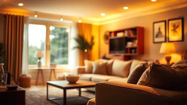 Inviting home lounge with warm lighting and a cozy, unoccupied sofa.