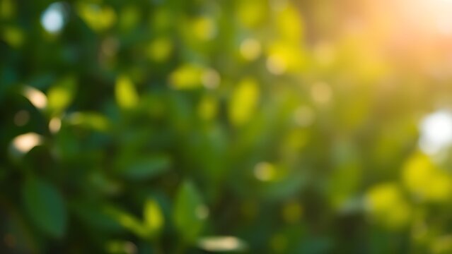 Blurred green foliage with sunlight bokeh, creating a serene nature background with shallow focus.