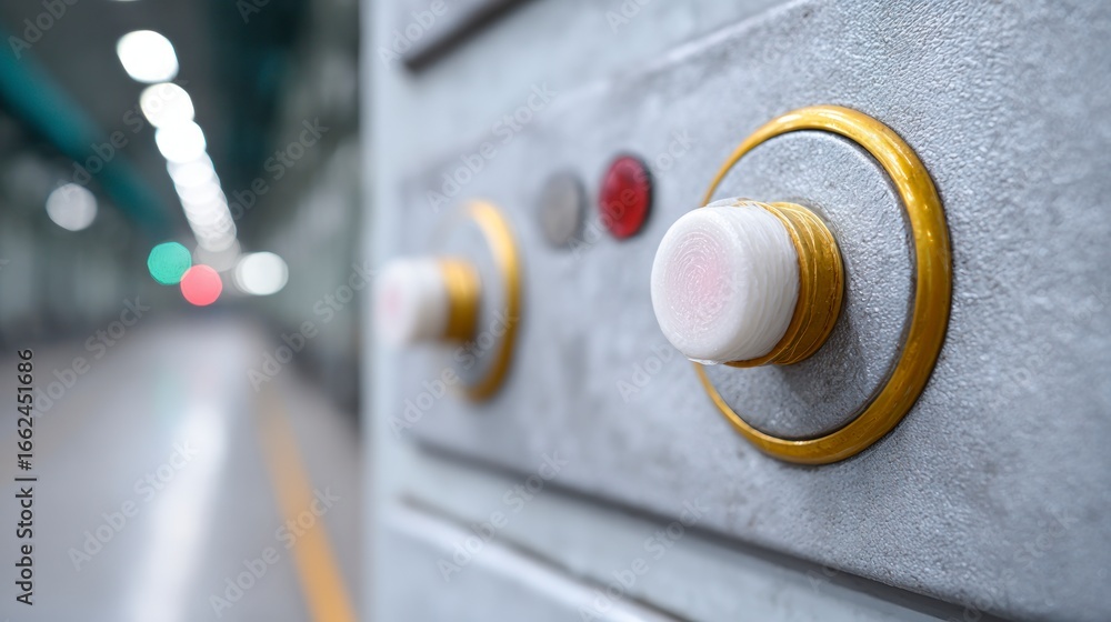 Poster close up of a textured metallic panel with rotating knobs and indicator lights